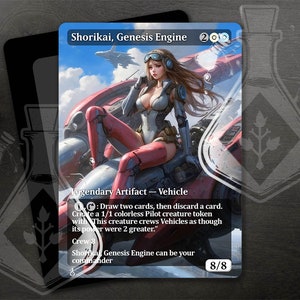 Könnte beinhalten: Eine blaue und weiße Magic: The Gathering Karte mit dem Namen "Shorikai, Genesis Engine" und dem Text "Legendäre Artefakt - Fahrzeug". Die Karte zeigt ein Bild einer Frau in einem futuristischen Outfit, die auf einem Fahrzeug sitzt.