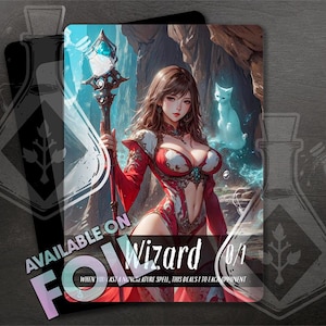 May include: A fantasy art card featuring a female wizard in a red and white outfit, holding a staff with a blue crystal. A white cat and text that reads "Wizard 0/1" are also visible. The card is labeled "AVAILABLE ON FOIL".
