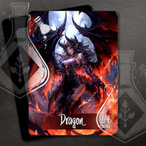 Dragon Token for TCG - Full Custom Art - Gorgeous Black Dragon Waifu Anime on fire