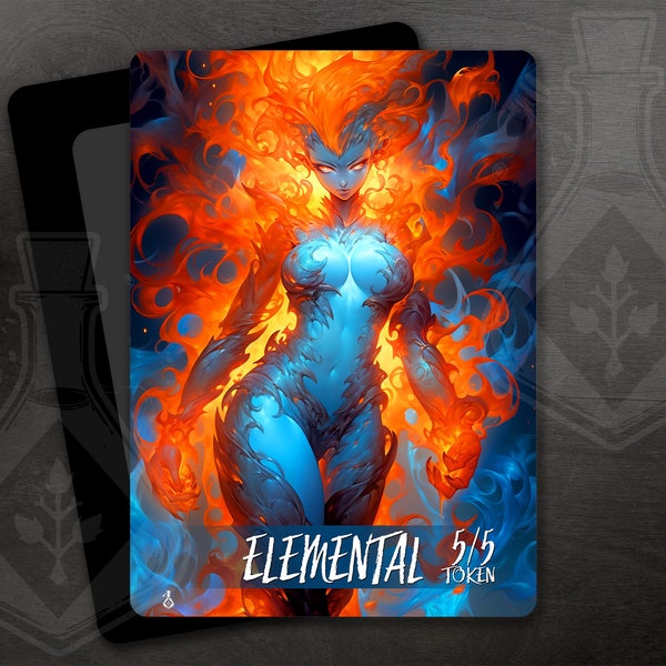 Elemental Token - 5/5 - for TCG - Full Custom Art - Red and Blue Anime Waifu - Fire