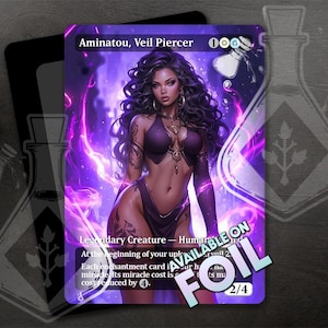 May include: A fantasy-style illustration of a woman with purple hair and a purple and black outfit. The image is a Magic: The Gathering card with the text "Aminatou, Veil Piercer" and "Legendary Creature - Human". The card has a purple and black background with a purple glow around the woman.