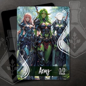 May include: A fantasy-style trading card featuring three female warriors in armor. The card has a green background with a forest scene. The card text reads "Army 0/0 Token".