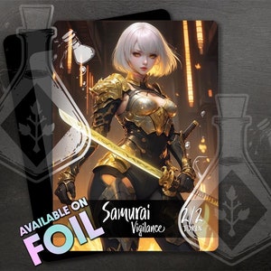 Samurai con ficha de vigilancia para TCG - Arte personalizado completo - Anime Waifu - Exquisitos maestros de la espada: equilibrio y poder combinados