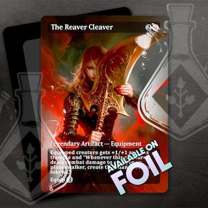 Puede incluir: Una ilustración de estilo fantástico de una mujer con armadura empuñando un hacha dorada grande. El texto de la carta dice "The Reaver Cleaver" y "Legendary Artifact - Equipment".