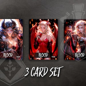 Set of 3 BLOOD Tokens for TCG - Full Custom Art - Demon vampire with glass, horns and wings Anime waifu