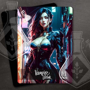 May include: A black and white card featuring a woman in a black leather outfit. The card displays the text "Vampire Lifelink 1/1 Token".