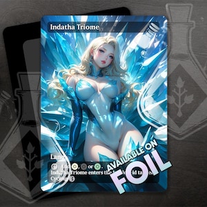 May include: A fantasy trading card featuring a woman with long blonde hair wearing a white and blue suit. The background is a blue and white icy landscape. The card text reads "Indatha Triome, Land - Add {U}, {W}, or {B} to your mana pool. Indatha Triome enters the battlefield tapped. Cycling {3}"