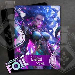 Peut inclure: Une carte de créature fantastique violette et bleue avec le texte "Eldrazi Spawn" et "0/1 Jeton" dessus. La carte représente une femme aux cheveux bleus et au corps écailleux et blindé.