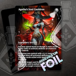 May include: A fantasy-style trading card featuring a woman in a red and black witch's outfit holding a green potion. The card is titled "Agatha's Soul Cauldron" and is a legendary artifact. The text on the card reads: "You may spend mana as though it were mana of any colour to activate abilities of creatures you control. Creatures you control with +1/+1 counters on them have all activated abilities creature cards exiled with Agatha's Soul Cauldron. : Exile target card from a graveyard. If a creature card is exiled this way, put a +1/+1 counter on target creature."