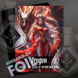 Dragon with Flying TOKEN 2/2 - Gorgeous Full Custom Art - Anime Waifu - Smoldering Winged Warrior Hunts Among Ashen Peaks