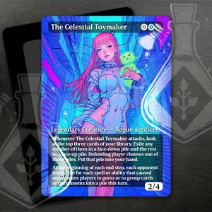 May include: A fantasy trading card featuring a colourful illustration of a woman with pink hair holding a green teddy bear. The card is titled "The Celestial Toymaker" and has a 2/4 power and toughness rating.