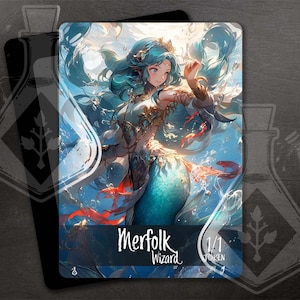May include: A blue and green merfolk wizard token card with a 1/1 power and toughness. The card features an illustration of a mermaid with long blue hair and a golden crown.