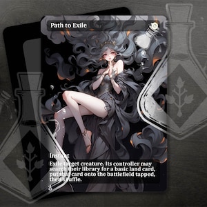 May include: A Magic: The Gathering card with a black background and a woman with long black hair and a black dress. The card text reads "Path to Exile" and "Instant".  Exile target creature. Its controller may search their library for a basic land card, put that card onto the battlefield tapped, then shuffle.