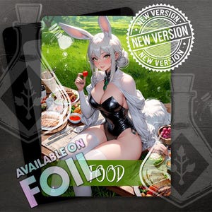 Ficha de COMIDA para TCG - Arte personalizada completa para deck proxy - Coelhinho lindo em um piquenique, waifu de anime.
