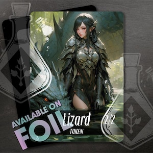 May include: A fantasy art card featuring a woman in silver armor standing in water with a dragon. The card reads "Lizard Token 2/2" and "Available on Foil". The background shows a lush, green environment.
