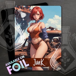 May include: A woman with red hair stands in front of a rusty car. She is wearing a brown and orange bikini top and a blue denim jacket. The car is in a desert setting with a blue sky and white clouds. The text "Junk" is written in red on the car.