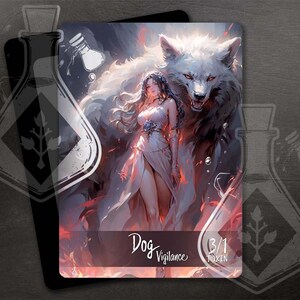 PERRO con Vigilancia - Ficha para TCG - Arte personalizado completo - Una diosa y su perro guardián, anime waifu