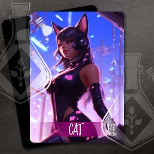 Jeton chat pour TCG - oeuvre d'art entièrement personnalisée - noir - femme magnifique cyberpunk rose