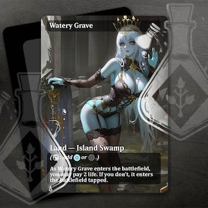 Puede incluir: Una ilustración de estilo fantástico de una mujer de piel azul con cabello blanco largo, que lleva un corsé negro y dorado y una corona. La imagen es una carta de Magic: The Gathering para "Watery Grave", una carta de terreno que puede producir maná azul o negro. El texto de la carta dice: "Tierra - Pantano de Isla (añade o ). Cuando la Tumba Acuática entra al campo de batalla, puedes pagar 2 vidas. Si no lo haces, entra al campo de batalla girada."