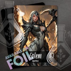 May include: A fantasy trading card featuring a female golem with black armor and a scythe. The card is titled "Golem" and has a 3/3 power and toughness rating. The card also has the ability "Trample".