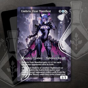 May include: A fantasy trading card featuring a dark-haired woman with blue eyes and horns, wearing a black and pink outfit. The card is titled "Umbris, Fear Manifest" and has a power and toughness of 1/1. The card text reads: "Umbris, Fear Manifest gets +1/+1 for each card your opponents own in exile. Whenever Umbris or another Nightmare or Horror enters the battlefield under your control, target opponent exiles cards from the top of their library until they exile a land card."