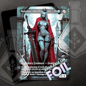 Puede incluir: Carta de arte fantástico con una figura femenina con capa roja sosteniendo una espada. La carta tiene el texto "Nekusar, the Mirzer" y "Legendary Creature". También está el texto "AVAILABLE ON FOIL". Fondo oscuro.