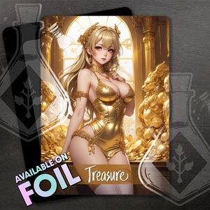 Ficha de TESOURO para TCG - Arte personalizada completa - Preto - Anime waifu - Câmara opulenta: Santuário dourado de uma linda mulher