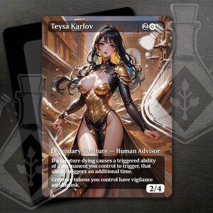 Może przedstawiać: Fantastyczna ilustracja kobiety z długimi czarnymi włosami, ubrana w złotą zbroję i czarną suknię. Obrazek przedstawia kartę z gry karcianej kolekcjonerskiej "Magic: The Gathering". Karta nosi tytuł "Teysa Karlov" i ma siłę i wytrzymałość 2/4. Tekst na karcie brzmi: "Legendarne stworzenie - Doradca ludzki. Jeśli śmierć stworzenia powoduje wyzwolenie wyzwalanej zdolności permanenta, którym kontrolujesz, ta zdolność wyzwala się dodatkowo. Żetony stworzeń, którymi kontrolujesz, mają czujność i połączenie z życiem."