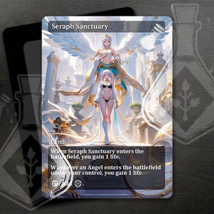 May include: A fantasy-style illustration of a white and gold land card with the text "Seraph Sanctuary". The card depicts two angels with white wings and white and gold clothing standing on a white and gold staircase.