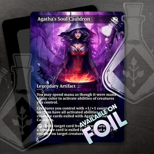 May include: A purple and black fantasy art card featuring a woman in a black dress and a cauldron. The card text reads "Agatha's Soul Cauldron" and "Legendary Artifact".