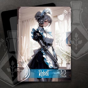 May include: A robot maid with silver hair and a black and white maid outfit. She has a robotic arm and is standing in a kitchen. The card reads "Robot 3/3 Token".