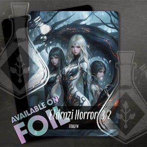Puede incluir: Una carta de juego de fantasía con tres mujeres con cabello largo y fluido. La carta se titula "Eldrazi Horror 3/2 Token".