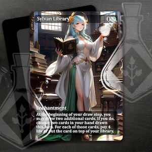 Puede incluir: Una ilustración de estilo fantástico de una mujer con un vestido blanco y una túnica verde que sostiene un libro y un vial. El texto de la carta dice "Sylvan Library" y "Encantamiento". El texto de la carta dice "Al comienzo de tu paso de robar, puedes robar dos cartas adicionales. Si lo haces, elige dos cartas en tu mano robadas este turno. Por cada una de esas cartas, paga 4 vidas o pon la carta en la cima de tu biblioteca."