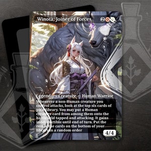 May include: Winota, Joiner of Forces, a Magic: The Gathering card featuring a white and grey wolf and a woman with white hair wearing a purple and white kimono. The card text reads "Whenever a non-Human creature you control attacks, look at the top six cards of your library. You may put a Human creature card from among them onto the battlefield tapped and attacking. It gains indestructible until end of turn. Put the rest of the cards on the bottom of your library in a random order."