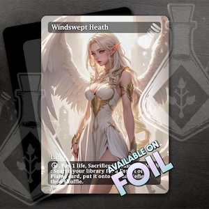 May include: A fantasy art card with a white background and a woman with white wings and a white dress. The card is titled "Windswept Heath" and has the text "Pay 1 life, Sacrifice a Forest or Plains card, put it onto the battlefield tapped, then shuffle your library." The card is available on foil.