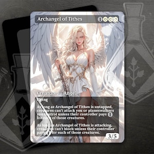 May include: A white angel with wings and a sword, with the text "Archangel of Tithes" and "Creature - Angel" at the top. The text below reads "As long as Archangel of Tithes is untapped, creatures can't attack you or planeswalkers you control unless their controller pays 1 for each of those creatures. As long as Archangel of Tithes is attacking, creatures can't block unless their controller pays 1 for each of those creatures. 3/5".