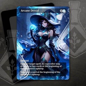 May include: A blue and white fantasy art illustration of a woman wearing a witch's hat and dress. The text "Arcane Denial" and "Instant" are visible on the card. The card text reads: "Counter target spell. Its controller may draw up to two cards at the beginning of the next turn's upkeep. You draw a card at the beginning of the next turn's upkeep."