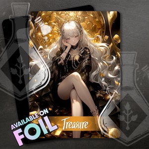 Ficha de TESOURO para TCG - Arte personalizada completa - Deusa Rainha DOURADA - Trono de Moedas de Ouro - Foil disponível