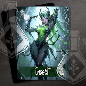 May include: A green and black insect token card with a spider-like creature with green skin and black hair. The creature is holding a vial in one hand and has a web behind it. The card reads "Insect 1/1 Token".