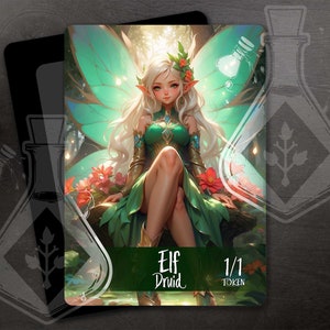 Elf Druid 1/1 - Token para TCG - Arte personalizado completo - Alluring Elf Druid: Nature's Enigmatic Guardia, anime waifu