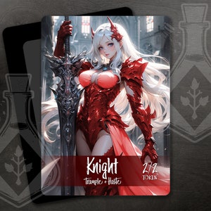 May include: A fantasy-style illustration of a knight with a sword. The knight is wearing red armor and a flowing white cape. The text on the card reads "Knight 2/2 Token Trample + Haste".