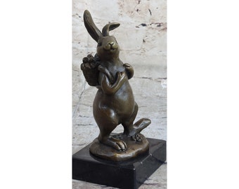 Bunny Rabbit With Basket of Flowers Bronze Art Decor Statue Figurine