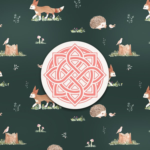 Fennec Foxes, Hedgehogs, Birds, Mushrooms, and Wildflowers on Dark Green Background Seamless Repeating Pattern | Commercial Use