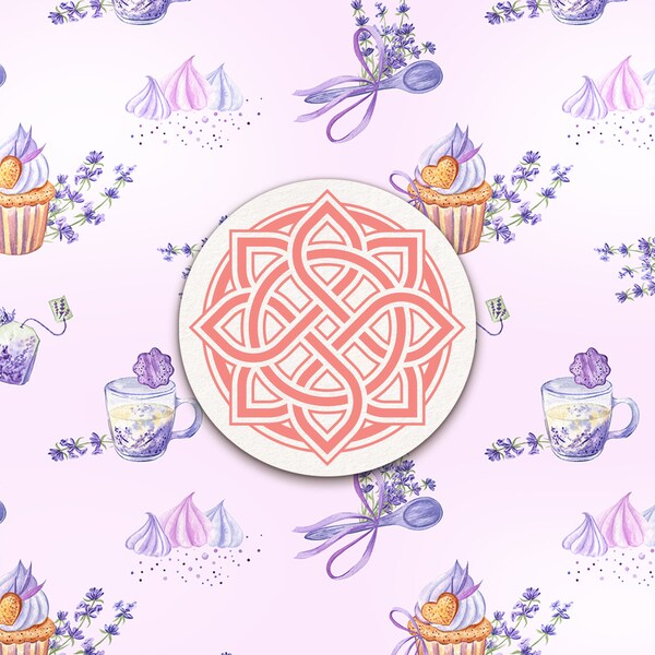 Rustic Lavender Seamless Repeating Watercolor Pattern with Cupcakes, Bonbons, Tea Sachets, Spoons on Pastel Pink Background | Commercial Use