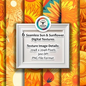 Könnte beinhalten: Sechs digitale nahtlose Muster mit Sonnen- und Sonnenblumen-Designs in Gelb-, Orange- und Rottönen. Die Muster sind 2048 x 2048 Pixel groß und haben 300 DPI. PNG-Dateiformat.