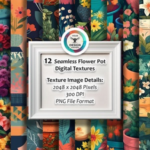 May include: Twelve seamless digital flower pot patterns featuring colourful flowers and plants in various styles. Each pattern is 2048 x 2048 pixels, 300 DPI, and in PNG format.