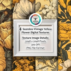 4 Vintage Yellow Flower Digital Patterns, Seamless Digital Texture, High Res Digital Print Download, Photo Texture, Scrapbook, Floral Paper