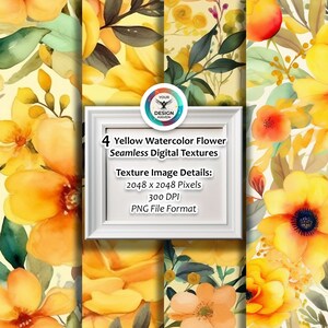 4 Watercolor Yellow Flower Digital Patterns, Seamless Digital Texture, High Res Digital Print Download, Photo Scrapbooking, Floral Texture