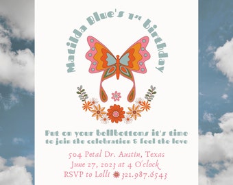 Butterfly 1e verjaardag Bash, Flower Power, jaren '60, verjaardagsuitnodiging, bewerkbare feestuitnodiging, laten we vieren, Instant Download, afdrukbaar