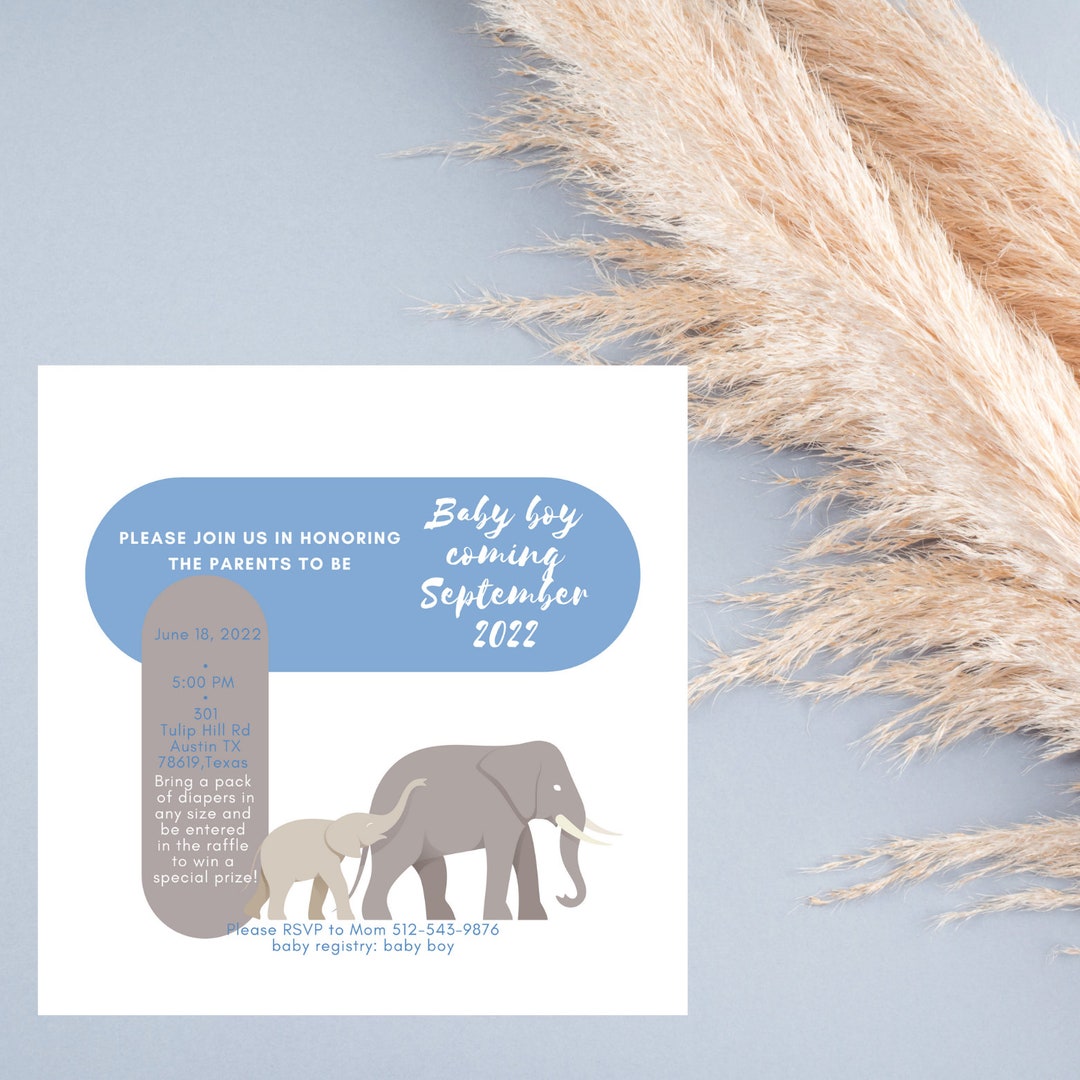 Elephants Baby Shower Invitation, Editable Baby Shower Invite, Baby Boy